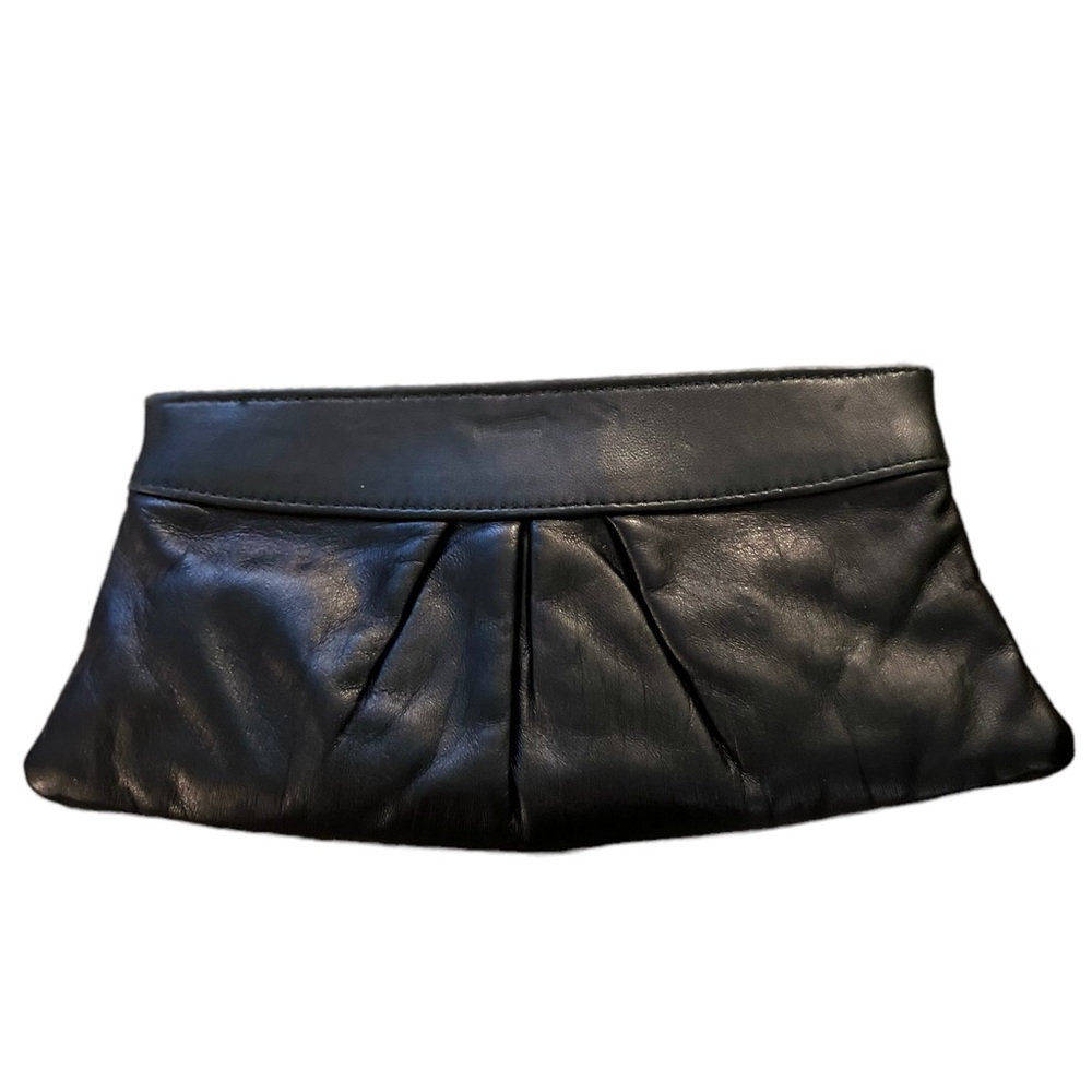 Lauren Merkin Black Leather Evening Party Clutch Purse Bag Glam